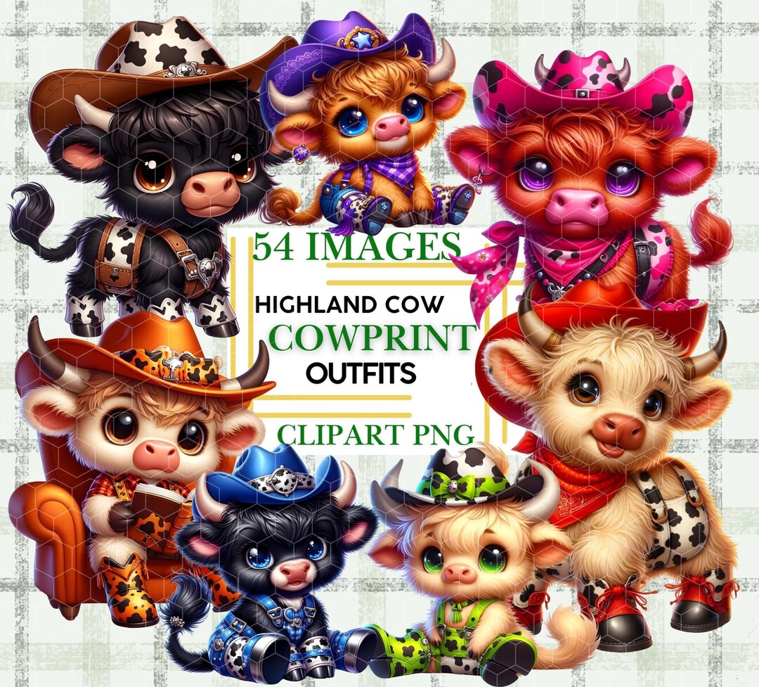 Highland Cow Cow Print Clipart Bundle Cute Baby Cow Happy Toddler PNG ...