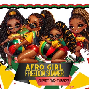 Czarna kobieta Juneteenth Summer Beach Vibes Clipart Bundle Czarna historia Afro długie warkocze Magia melaniny Sublimacja DTF PNG Pobieranie cyfrowe