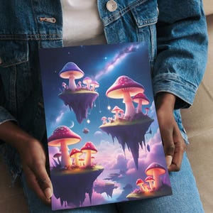 Arte de islas flotantes de ensueño, impresión digital surrealista, póster de hongos brillantes, arte mural de fantasía de neón, descarga instantánea