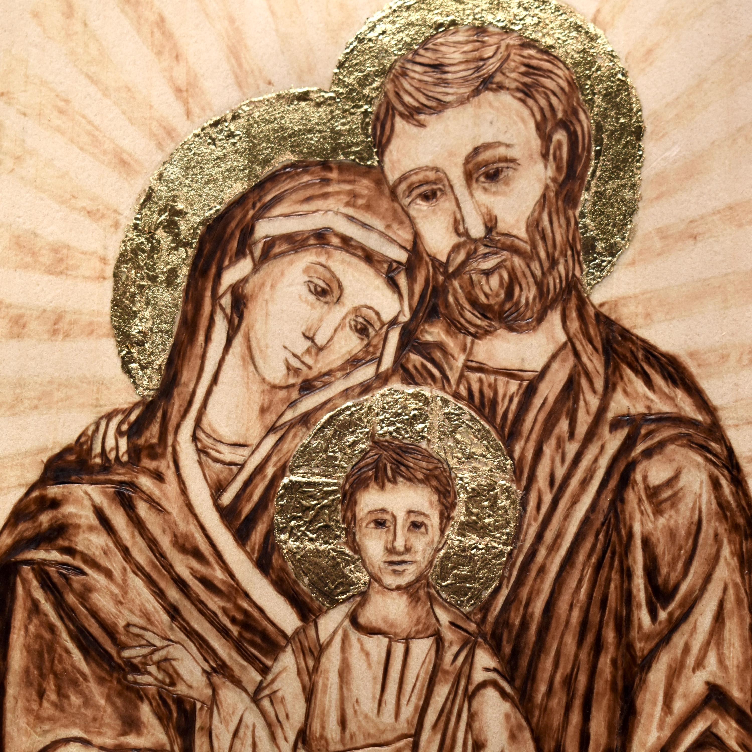 Handmade Woodburning “the Holy Family” Icon Catholic Wood Burned Jesus ...
