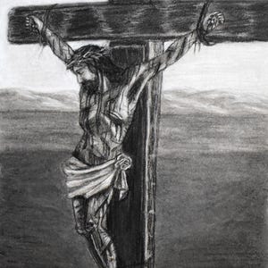 Christ Crucified Print [Giclee prints Catholic artwork Jesus on the Cross Lent Easter Crucifixion Calvary Charcoal Drawing Black White Art]