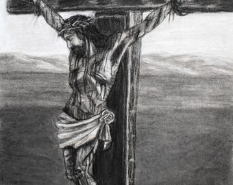 Christ Crucified Giclee Print - Catholic Charcoal Drawing