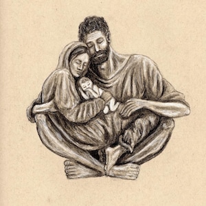 The Holy Family [Giclee prints Catholic artwork Jesus Mary Joseph Nativity Holy Family Charcoal Drawing Black and White Art]