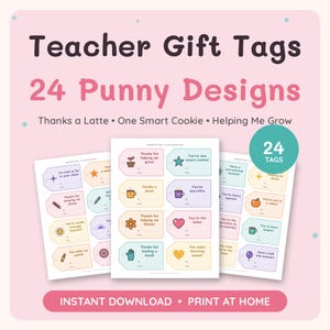 以下が含まれることがあります： Thanks a Latte、One Smart Cookie、Helping Me Growなどのダジャレが書かれた、教師用ギフトタグ24枚セット。カラフルなパステルカラーの背景と様々なアイコンが描かれた3枚のシートにタグが配置されています。
