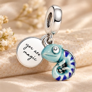 May include: A silver charm featuring a round disc engraved with the text you are magic and a dangling chameleon figure finished in light blue and dark blue enamel. The charm includes a polished silver bail for attachment to a bracelet or necklace.
