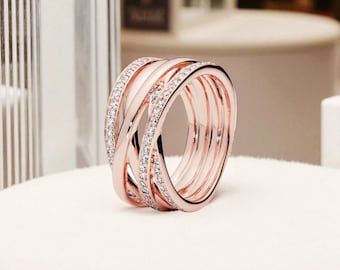 Anillo de líneas brillantes y pulidas, delicado anillo de plata, minimalista y llamativo, de oro rosa con diseño exótico, ideal como regalo.