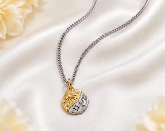 Sun and Moon Charm Necklace Set, Sterling Silver and Gold Celestial Medallion Pendant, Layering Necklace Gift for Her, Best Friend Gift