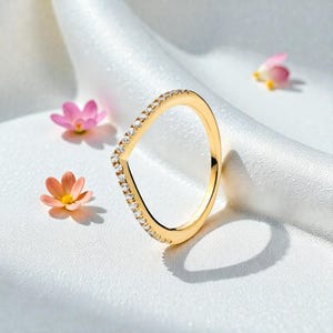 Gold Wishbone Pavé Ring, 14K Gold Plated V-Shaped Band, Dainty Stackable Gold Ring for Women, Delicate Gold Pavé Ring, Minimal Jewellery