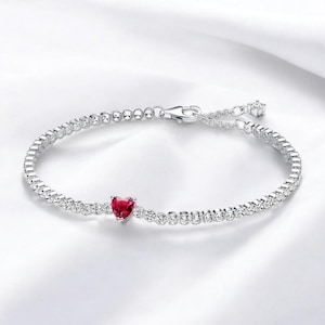 Smart Red Heart Künstlich Kristall Armband, Elegantes verstellbares Tennis Armband, klar Kristall Armband, Silber Liebe Armband, Freundin Geschenk