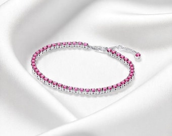 Sparkling Pink Tennis Bracelet, Sterling Silver Jewellery, Elegant Silver Bracelet, Gift for Her