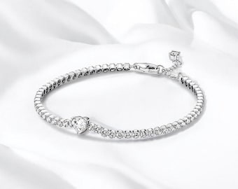 Sparkling Cubic Zirconia Heart Chain Bracelet, Elegant Silver Adjustable Tennis Bracelet, Dainty Tennis Chain Bracelet, Smart Gift For Her