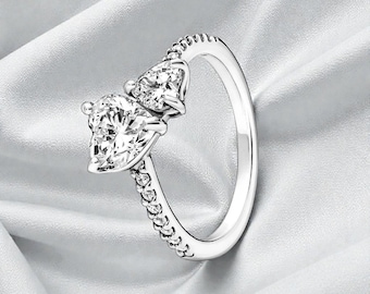 Bonito anillo brillante de doble corazón, joya romántica para mujer, regalo elegante para ella.