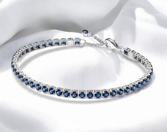 Elegante pulsera de tenis ajustable, elegante pulsera de cristal azul artificial, pulsera de cadena de cristal plateado, pulsera de tenis azul, regalo para ella
