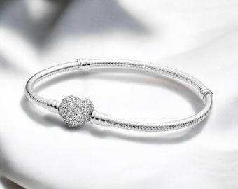 Delicate Silver Heart Clasp Bracelet, Elegant Pave Heart Charm Snake Chain Bracelet, Dainty Chain Bracelet, Jewellery Charm, Girlfriend Gift