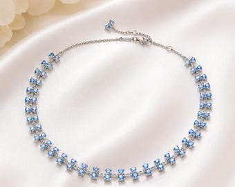 Blauwe strikketting in sterlingzilver, kristallen strikketting, blauwe stenen ketting voor vrouwen, esthetische sieraden, striksieraden cadeau voor haar