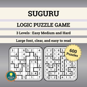 Könnte beinhalten: Ein Suguru-Logik-Puzzlespiel mit 600 Rätseln, das drei Schwierigkeitsgrade bietet: Einfach, Mittel und Schwer. Das Spiel hat eine große, klare Schrift für einfaches Lesen. Das Bild enthält zwei Beispielrätsel und ein Goody-Logo.