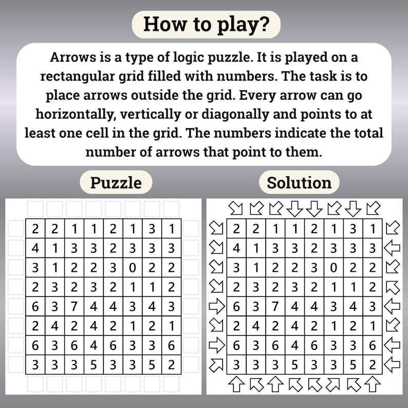 600 Puzzles Arrows Logic Puzzle Game for Adults Printable Activity Game