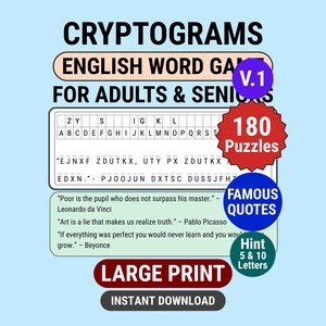 180 Puzzles Cryptogram English Puzzle Game for Adults Printable Activity Game Instant Download PDF