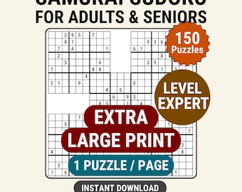 150 rompecabezas de Sudoku Samurai Experto para adultos mayores. Juego de actividades imprimible. Descarga instantánea.