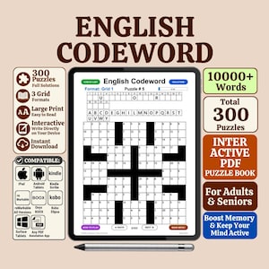May include: A digital tablet displaying an English Codeword puzzle book with a grid, letter bank, and navigation buttons. The screen shows 300 puzzles, 10000+ words, and compatibility icons. A silver stylus rests below the tablet on a light background.
