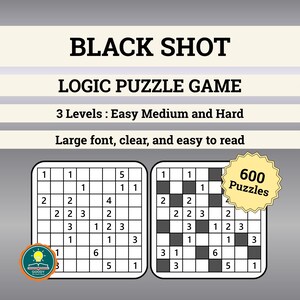 May include: A Black Shot logic puzzle game with 600 puzzles. The game features three levels: Easy, Medium, and Hard. The text on the game is in a large font, clear, and easy to read. The game includes two puzzle grids.
