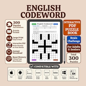 May include: An English Codeword interactive PDF puzzle book displayed on a tablet screen with a stylus. The digital book features 300 puzzles in 3 grid formats, large print, and is compatible with iPad, Android tablets, reMarkable, Kindle Scribe, Onyx BOOX, Kobo Elipsa, and Surface tablets.