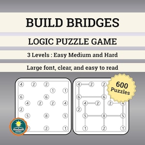 Op de afbeelding: Een logische puzzelgame genaamd "Build Bridges" met 600 puzzels. De game heeft drie moeilijkheidsgraden: Gemakkelijk, Gemiddeld en Moeilijk. De tekst is in een groot, duidelijk lettertype. De afbeelding toont twee voorbeelden van puzzels met genummerde cirkels en verbindingslijnen.