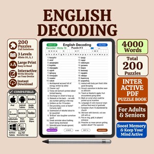 Könnte beinhalten: Ein digitales English Decoding Rätselbuch auf einem Tablet-Bildschirm mit einem Eingabestift darunter. Die Benutzeroberfläche zeigt eine Liste mit zwanzig Worträtseln und einem Buchstaben-Substitutionsgitter. Textfelder heben Funktionen wie 200 Rätsel, 4000 Wörter, große Schrift und Kompatibilität mit Geräten wie iPad, Kindle und Android-Tablets hervor.