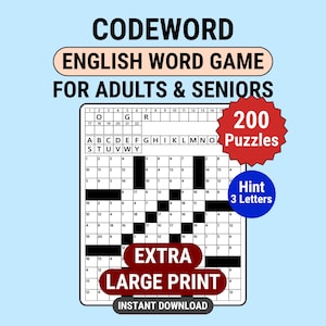 Può includere: Un gioco di parole in codice inglese per adulti e anziani con stampa extra large. L'immagine mostra un cruciverba con il testo "200 Puzzles" e "Hint 3 Letters". Il gioco è un download immediato.