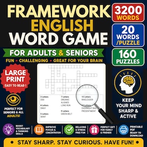 May include: A word game titled "Framework English Word Game" for adults and seniors. The image features a crossword puzzle with a magnifying glass, and text indicating 3200 words, 20 words per puzzle, and 160 puzzles. The game is advertised as fun, challenging, and great for the brain.