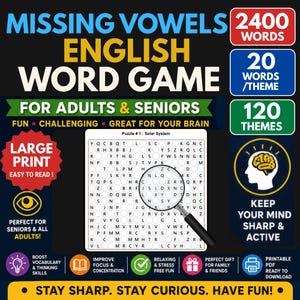 Op de afbeelding: Een kleurrijk Engels woordspel voor volwassenen en senioren. Het spel bevat 2400 woorden, 120 thema's en 20 woorden per thema. Het spel is ontworpen om de woordenschat en denkvaardigheden te verbeteren. Inclusief vergrootglas.