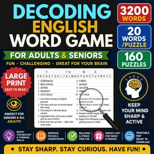 Op de afbeelding: Een kleurrijk woordspel getiteld "Decoding English Word Game" voor volwassenen en senioren. Het spel bevat 3200 woorden, 20 woorden per puzzel en 160 puzzels. Het spel belooft je geest scherp en actief te houden, met grote letters voor gemakkelijk lezen.