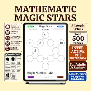May include: A digital interactive puzzle book titled MATHEMATIC MAGIC STARS displayed on a tablet screen with a stylus. The screen shows a star-shaped grid with numbers 13, 11, 3, 2, and 10 inside circles. Text includes 500 Puzzles, 5 Levels, 5 Clues, and Magic Number: 30. Compatibility icons for iPad, Android, Kindle, reMarkable, BOOX, Kobo, and Surface tablets are shown.