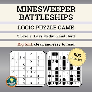 May include: A logic puzzle book cover titled MINESWEEPER BATTLESHIPS with the text 3 Levels : Easy Medium and Hard, Big font, clear, and easy to read, and 600 Puzzles. The cover displays two grid examples with numbers and black ship shapes.