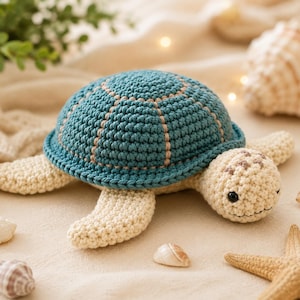 May include: A crocheted sea turtle toy featuring a cream-colored head and flippers with a textured teal shell. The shell is accented with light tan stitching along the segments. The turtle has small black eyes and a stitched mouth detail.