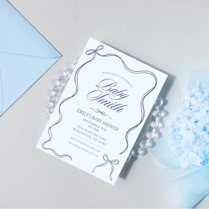 Boog babyshower uitnodiging jongen bewerkbare handgetekende uitnodiging blauwe strikken partij illustratie uitnodigen handgeschreven jongen babybrunch digitale sjabloon