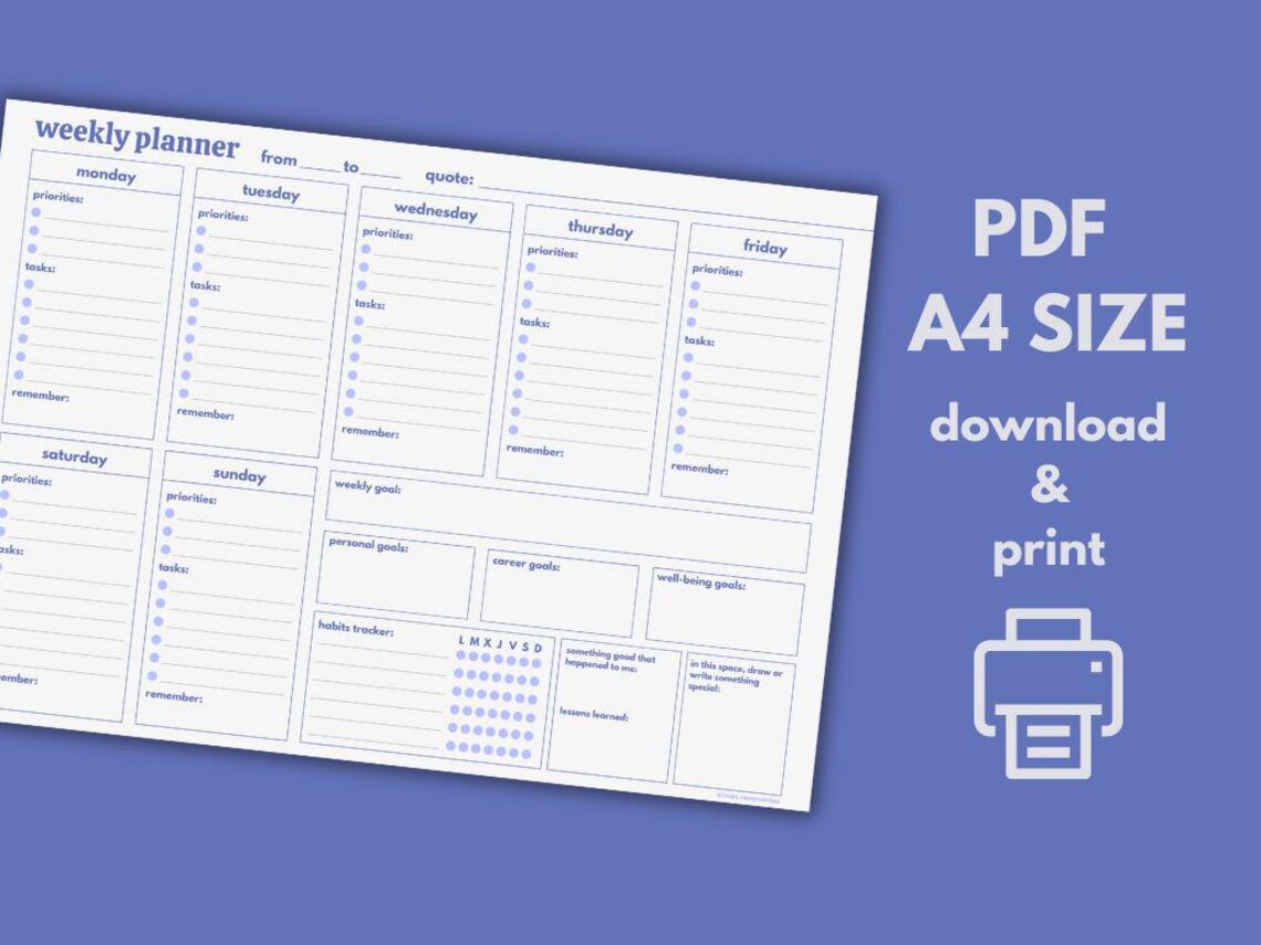 Weekly Planner Digital Download – Printable Daily To-do List, Undated ...