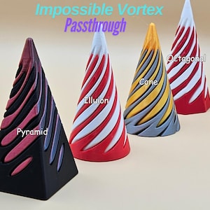 May include: Four 3D printed geometric shapes with a swirling pattern. The shapes are a pyramid, a cone, an octagonal cone, and an illusion cone. The pyramid is black with a red and purple swirl. The cone is gold with a gray swirl. The octagonal cone is white with a red swirl. The illusion cone is red with a white swirl. The text "Impossible Vortex Passthrough" is at the top of the image.