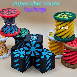 May include: A set of 3D printed impossible vortex toys, including a red hourglass, a green barrel, and a brown passthrough. The toys are made with a spiral design and have a unique optical illusion effect. The set also includes four black cubes with a blue and black swirl pattern.