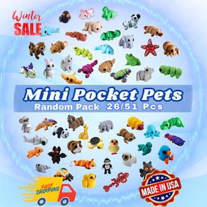 51Pc Mini Animal Mystery Pack, Pocket Pet Fidget Toys, 3D Printed Mini Animals, Cute Flexi Toys, Easter Basket Filler, Party Favor Pack