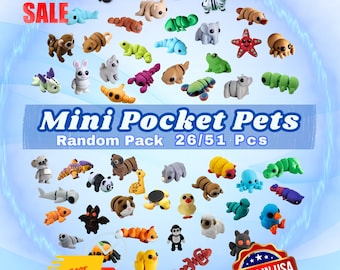 51Pc Mini Animal Mystery Pack, Pocket Pet Fidget Toys, 3D Printed Mini Animals, Cute Flexi Toys, Easter Basket Filler, Party Favor Pack