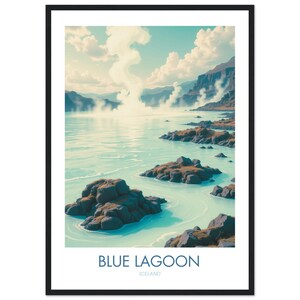 Stampa di viaggio con cornice in legno ispirata al vintage "Laguna Blu Islanda" - Arte di viaggio, estetica per la casa, regalo per gli amanti dei viaggi, arte murale