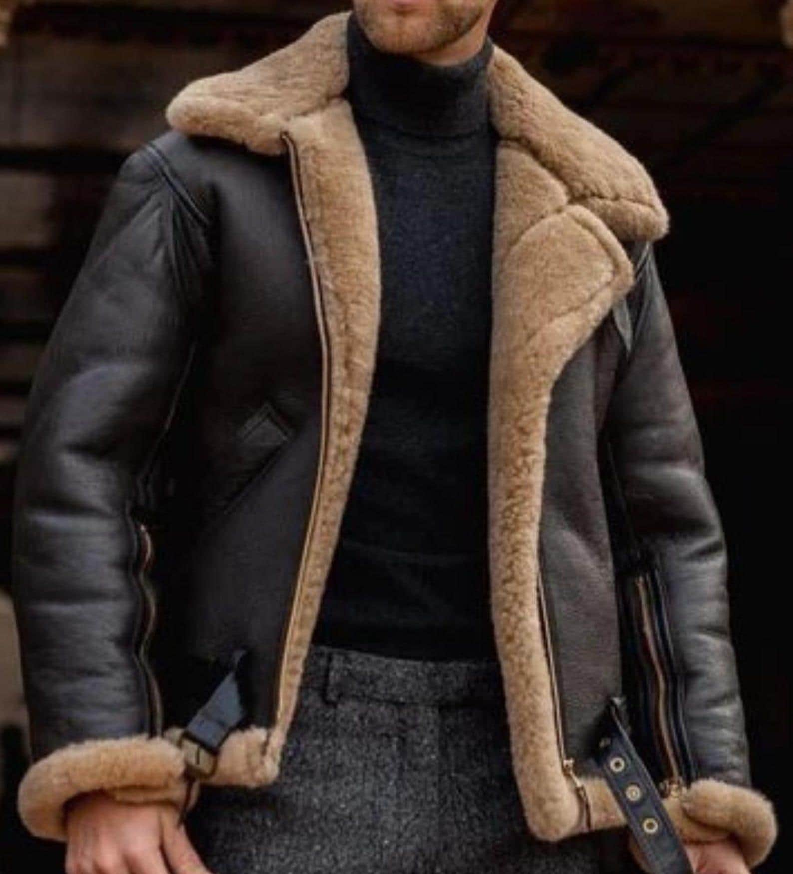 Handmade Men’s B3 Aviator Sheepskin Shearling Leather Jacket – Brown WW2 Bomber Flying Coat