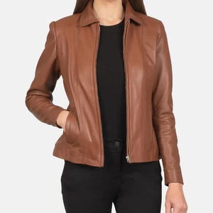 Blouson en cuir marron classique pour femme fait main - Style moto en cuir véritable, manteau d'automne ajusté, cadeau pour elle