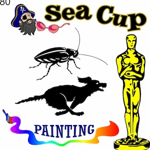 May include: A colourful illustration with a pirate wearing a blue hat and a pink bra, a cockroach, a running dog, and an Oscar statue. The words "Sea Cup" and "Painting" are also included.
