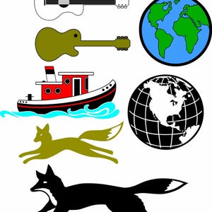 Op de afbeelding: Een verzameling vectorillustraties met een witte en zwarte gitaar, een olijfgroene gitaar, een rood-zwarte sleepboot met blauw water, twee rennende vossen en twee globes. Het nummer "55" staat bovenaan.