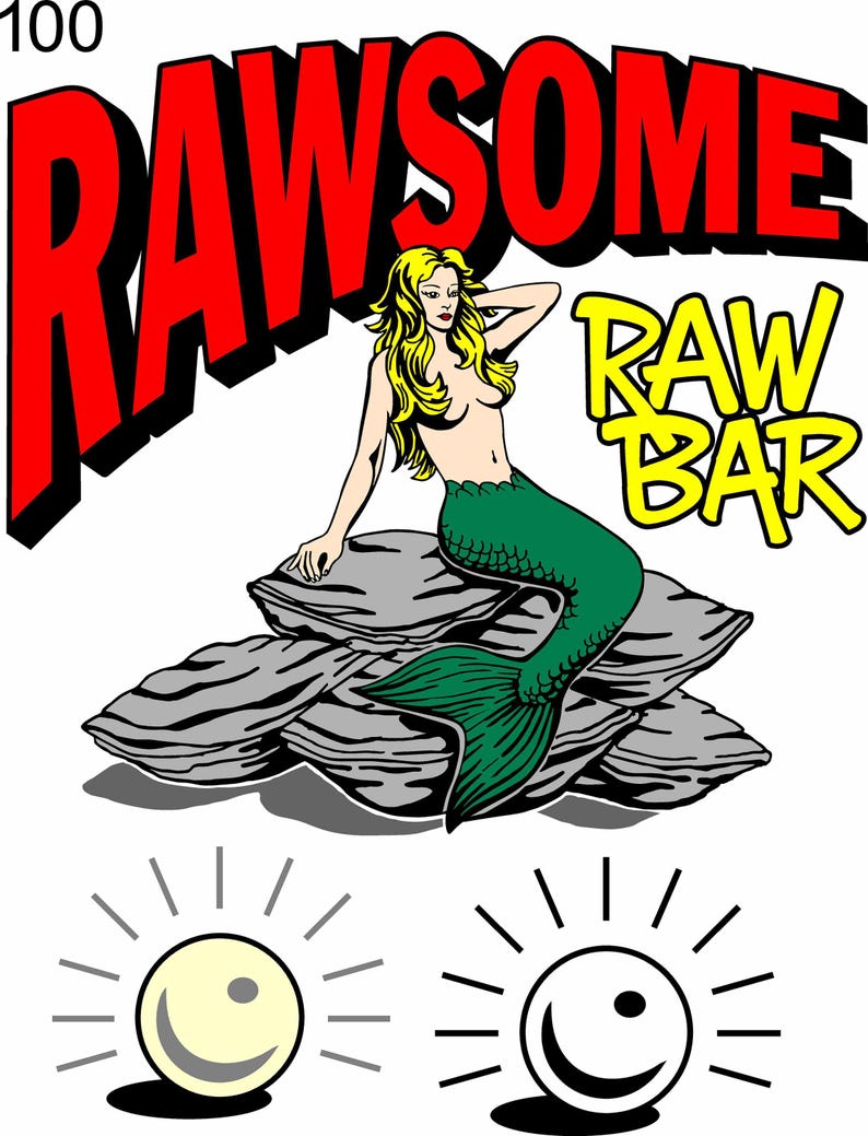 Puede incluir: Ilustraci&oacute;n gr&aacute;fica con la palabra "RAWSOME" en rojo, una figura de sirena y las palabras "RAW BAR" en amarillo. La sirena tiene cabello rubio y una cola verde, descansando sobre rocas grises. Dos soles estilizados abajo.