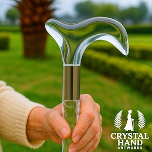 Puede incluir: Un bastón con mango curvo transparente y un eje de metal plateado. El bastón se sostiene en la mano de una persona sobre un fondo verde borroso. El mango del bastón tiene forma de ola. El logotipo "CRYSTAL HAND ARTWORKS" está en la esquina inferior derecha.
