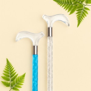 Clear Walking Cane For Women - Transparent Handle And Crystal, Blue Shaft Stick