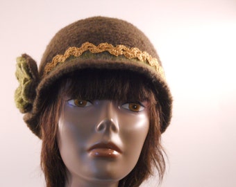 Womens Felted and Lined  Cloche Hat Collection-OOAK  Dark  Green Felted Wool Cloche With Gold Trim and Flower